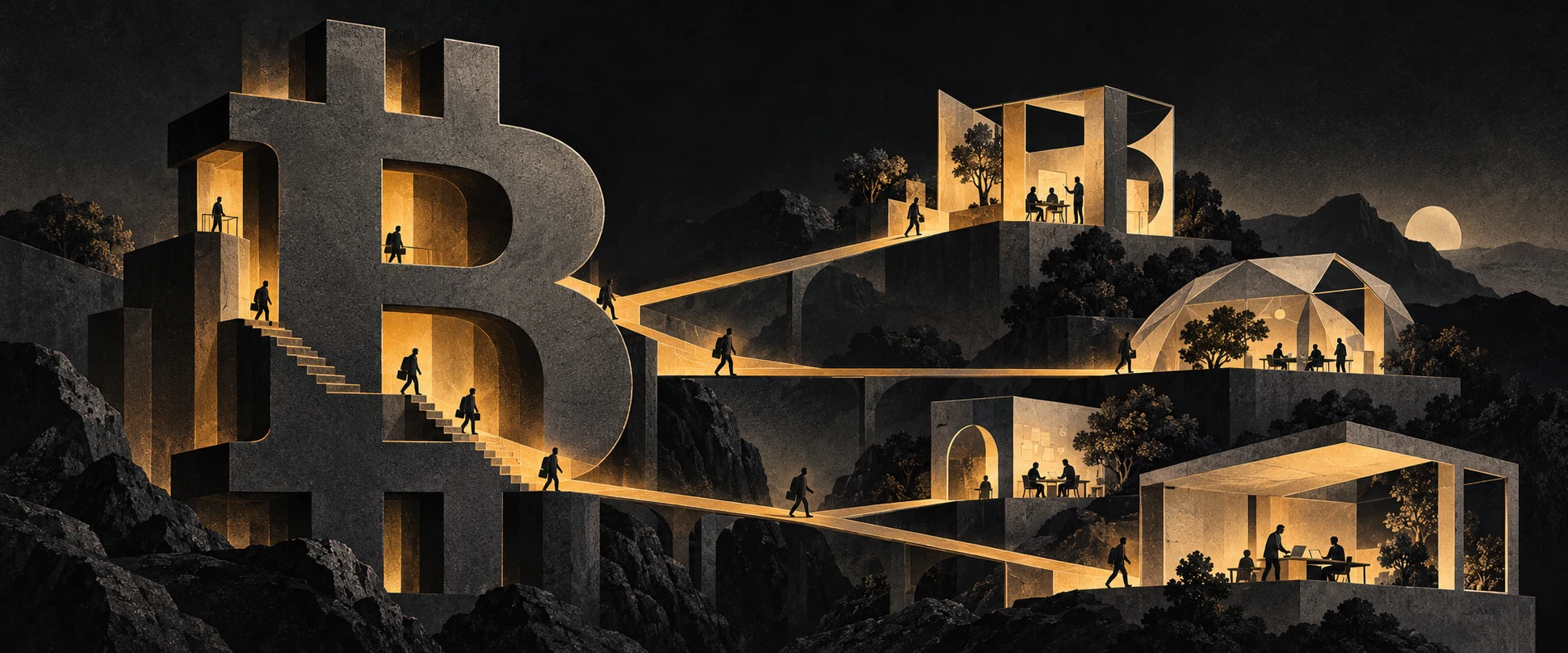 Builders leave a monumental Bitcoin structure along golden paths toward independent workspaces.
